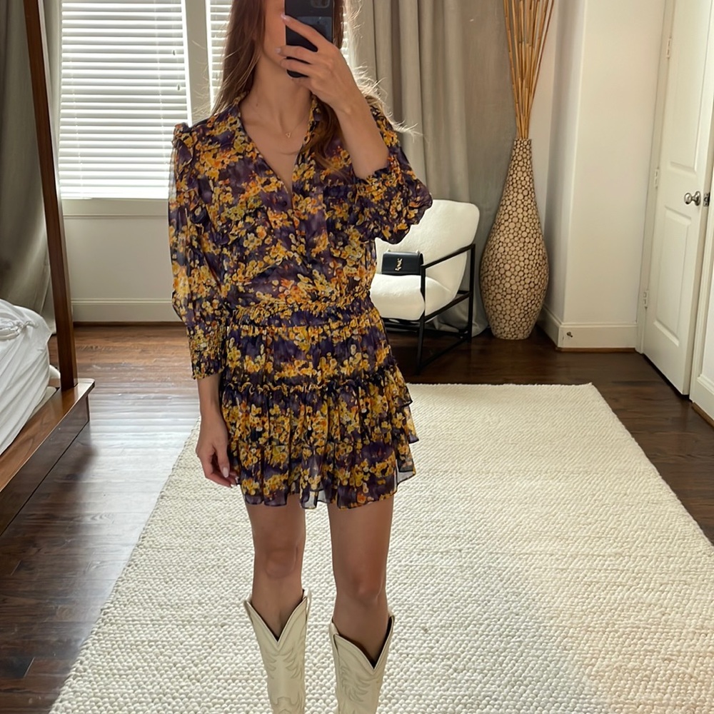Misa ruffle purple yellow dress XS